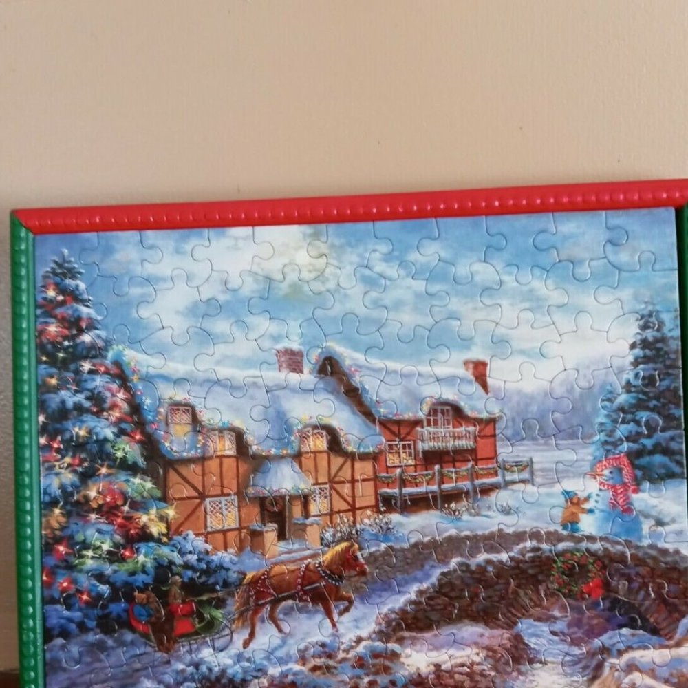 Hand Crafted Christmas Horse Drawn Sleigh Framed Jigsaw Puzzle Artwork 13"x9"